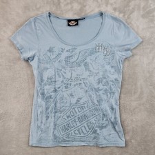 Harley Davidson t-shirt women's Large graphic print bling scoop neck Blue picture