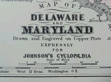 Antique 1885 DELAWARE MARYLAND Map Old Original AJ JOHNSON COPPER PLATE picture