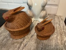 set of 2 vintage wicker and bamboo nesting bunnies with red button eyes picture