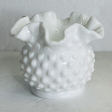Vtg Fenton Hobnail Vase Milk Glass White Scalloped Ruffled Edge 4.5 Tall Round picture