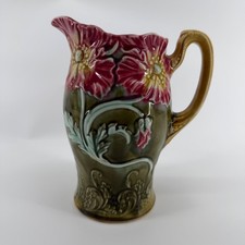Antique Frie Onnaing French Majolica Poppy Pitcher 745 Art Nouveau Pink Green picture