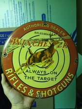VINTAGE WINCHESTER PORCELAIN SIGN OLD FIREARM AMMUNITION GUN SHOTGUN RIFLES DEER picture