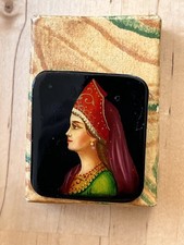 Vintage 1950s Soviet Era Palekh Hand Painted Russian Beauty Girl Portrait Brooch picture