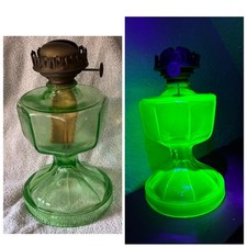 GIANT BRAND Green Uranium Glass Oil Lamp  Sun Pattern  1920-30's 6 Inch Base picture