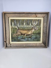 Vintage 1986 Hand painted Whitetail Buck Deer Wildlife  Rustic Wood Frame 23x18 picture