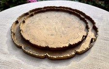 Vintage Chinese Brass Trays Pair Engraved Figural Floral Fluted Scalloped Edges picture