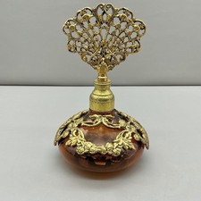 Globe Perfume Bottle Vintage Amber Glass 24KT Gold Plated Filigree Dauber 5