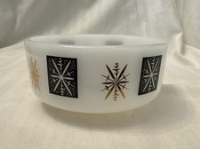 Vintage Federal Glass Fire King Milk Glass Gold and Black Sputnik Snowflake Bowl picture