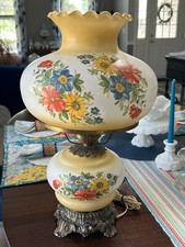 Vintage 1971 L&L WMC Large Primary Floral Colors Hurricane Glass 3way Table Lamp picture