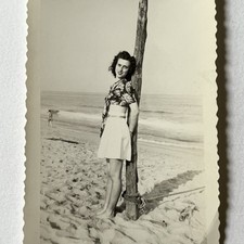 Vintage B&W Snapshot Photograph Beautiful Woman Posing On Beach picture