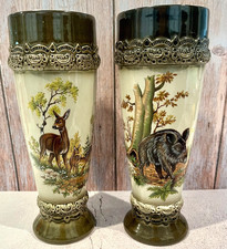 Vtg King Austria 154 Hand Painted Ceramic Vases Set 2 Boar & Deer Family Forest picture