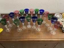 18pc Bohemian Cut Crystal Wine Goblets Cobalt Emerald Ruby Cut-to-Clear 8” picture