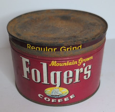 Vintage 1959 Folgers Mountain Grown Regular Grind 1lb Coffee Tin Can with Lid picture