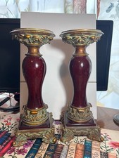 2 Vintage Burgundy Marble & Ornate Brass Neoclassical Deco Pedestal Candleholder picture