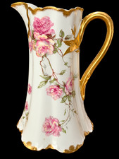 Antique Haviland Limoges France Porcelain Pitcher Pink Roses Heavy Gold Gilt picture