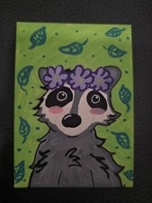 ACEO Original Artwork Flowery Raccoon cute love 2.5x3.5in Acrylic Paint Markers picture