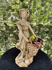 LARGE Vintage Marwal Peasant Girl With Basket of Grapes Statue 21.5