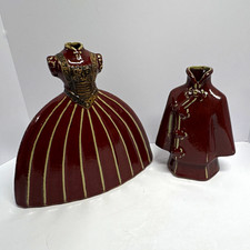 Vintage Burgundy Ceramic Dress Vases Set Victorian Gown & Mandarin Jacket Decor picture