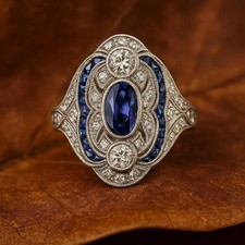 3Ct Art Deco Lab Created Blue Sapphire Engagement 14K White Gold Plated Ring picture