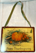 Happy Thanksgiving Pumpkin Autumn Harvest Artwork Metal Tin Sign Decor w/ Ribbon picture