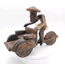 Vintage Artisan Folk Art Chinese Man Pushing Rickshaw Hand Carved Wood Sculpture picture