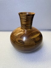 Vintage Handcrafted Segmented Turned Wood Vase Signed #886 MCM 7.5 X 8” picture