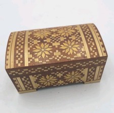 Vintage Wood Marquetry Inlay Jewelry Trinket Box Floral Geometric Red Lined picture