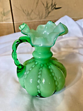 Rare Fenton Green Overlay Cased Beaded Melon Pitcher Crimped Ruffled Edge 1940's picture