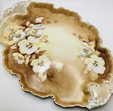 Vintage 11.5” Hand Painted Yellow Pansy Heavy Gold Handled Vanity Dresser Tray picture