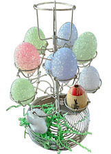 Metal Wire Egg Holder Stand Table Display Easter Bunny Rabbit Antique Wood Lot picture