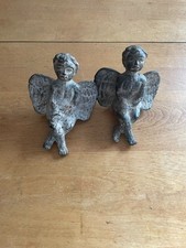 2 Vintage Cast Metal Angel Shelf Sitters Statues 4 1/2