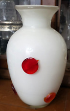 Vintage Mid Century White Cased Glass Red Applied Dots Art Glass Vase 7