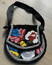 Iroquois Beaded Floral Handbag Black Velvet Pouch Bag with Strap 1800s antique picture