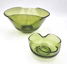 Vintage Anchor Hocking Chip & Dip Bowls Set Mid-Century Green Glass Folded Edge  picture