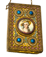 MAGNIFICENT Antique FRENCH Jeweled *ENAMEL* Compact WRISTLET *ALL Original picture