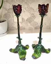 Jay Strongwater Floral Taper Candle Holders Pair 2 Metal Swarovski Crystals picture