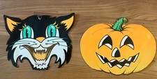 Vintage 1930s 1940s Beistle JOL + Cat Face Halloween Decor Die Cut Lot of 2 USA picture