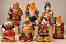 Vintage Kutani Seven Lucky Gods Shichifukujin Complete Set 7pc Moriage Japan picture