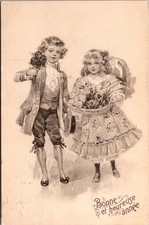 French New Year Children with Roses Vintage Postcard 4P26-16 picture