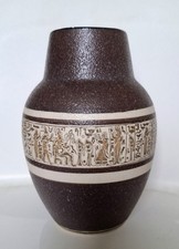 Vintage Brown Ceramic Vase Engraved Frieze of Egyptian Figures & Hieroglyphs. 7
