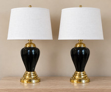 Pair Vintage Black Ceramic Ginger Jar Lamps Fluted Brass 27