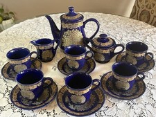 Vintage Cobalt Blue Peacock Tea Coffee Set Gold Gilt 17 Pc Pristine RARE FIND picture
