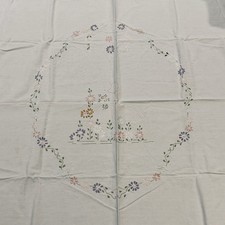 Vintage Embroidered Crinoline Lady Tablecloth Large Linen 82