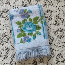Vtg Bath Towel Blue Stripe Teal Cabbage Rose Green Purple Unbranded 22x39 picture