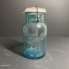 Antique Ball Ideal 1 Pint Aqua Blue Glass Canning Jar Wire Bail & Glass Lid picture