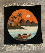 Vtg Kilim Woven Wool Tapestry Rug Wallhanging Boat / Pyramid 20” x 19” Egyptian picture