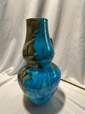 VIDI GLASS VASE HANDMADE IN ITALY BLUE AND BROWN MARBEL DESIGN 15X3 picture