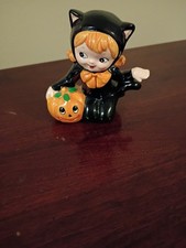Vintage Left In Halloween Black Cat Porcelain Girl With Pumpkin Japan Vtg HTF  picture