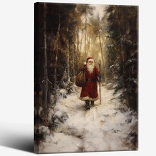 ECUASMR Vintage Christmas Santa Claus Walking on Snow 24X36 in Wrapped Framed picture