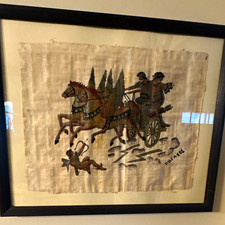 Egyptian Framed Papyrus Artwork Print Horse Chariot Scene Signed Πηαγγγδγζ picture